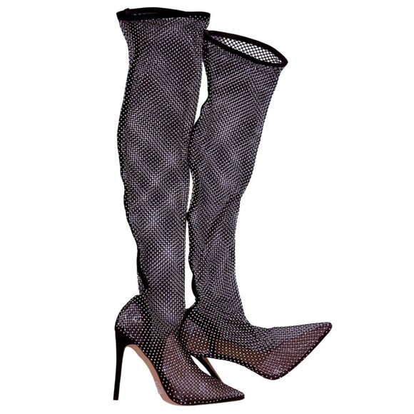 NIB Rhinestone Embellished Over-The-Knee Super Stretch Pointed Toe Stiletto Heel - Picture 4 of 16